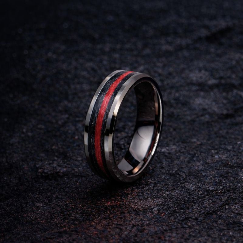 Thin Red Line Tungsten- Kevlar and Carbon Fiber Inlay Ring
