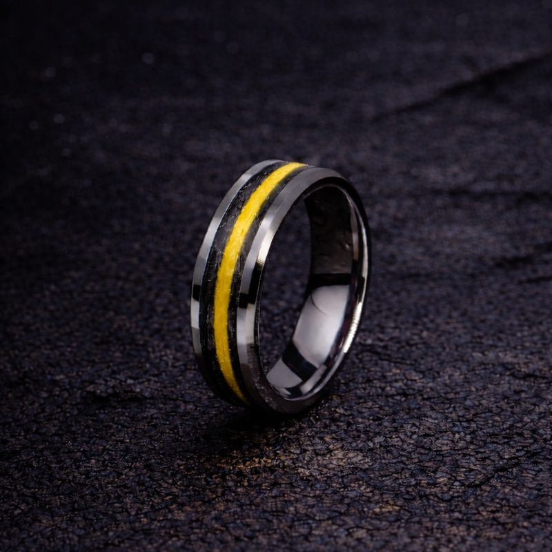 Thin Gold Line Tungsten- Kevlar and Carbon Fiber Inlay Ring in Tungsten
